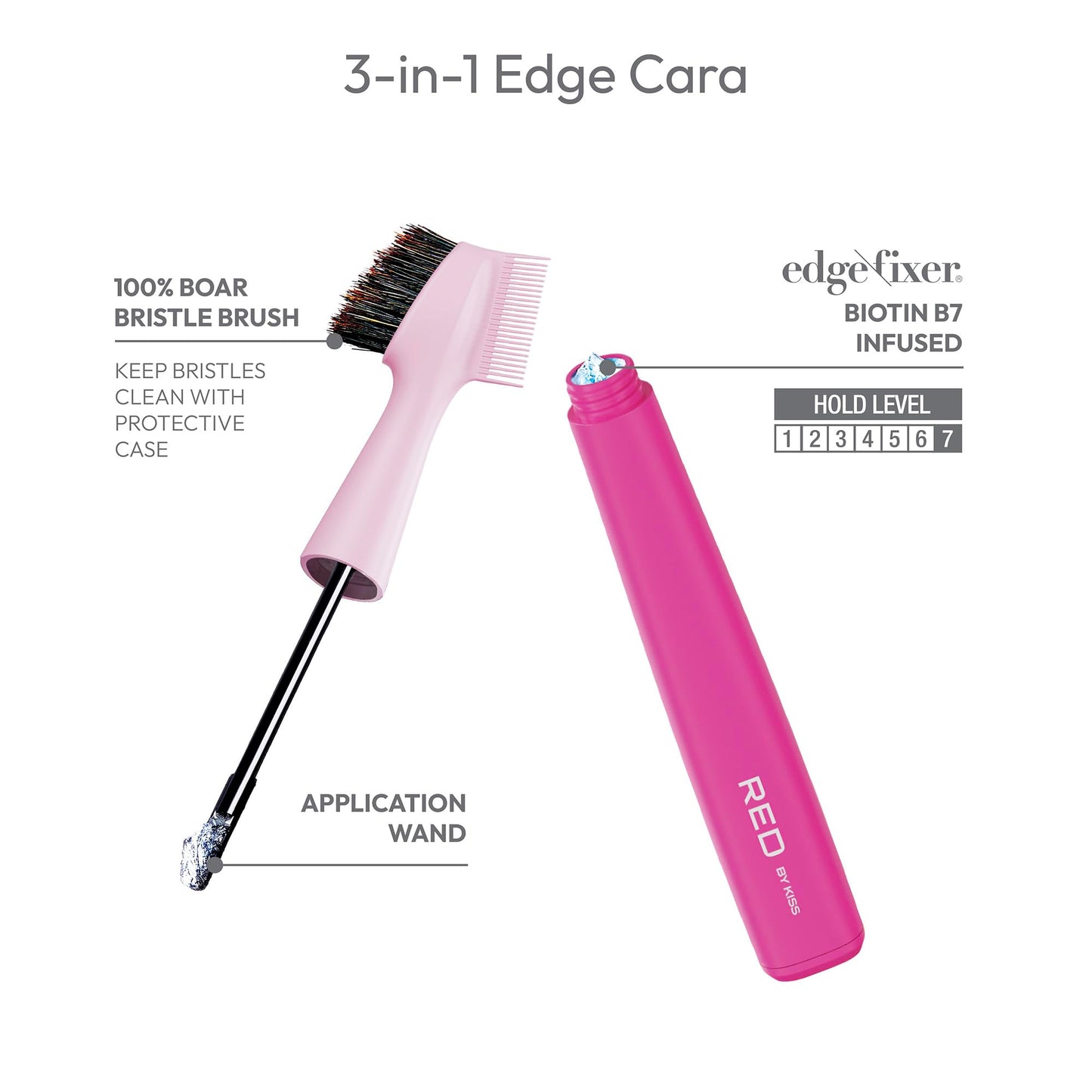 Red by Kiss Hair Brush with Edge Fixer Gel 3 in 1 Edge Control Styler for Women, Boar Bristle Brush, Sweet Peach
