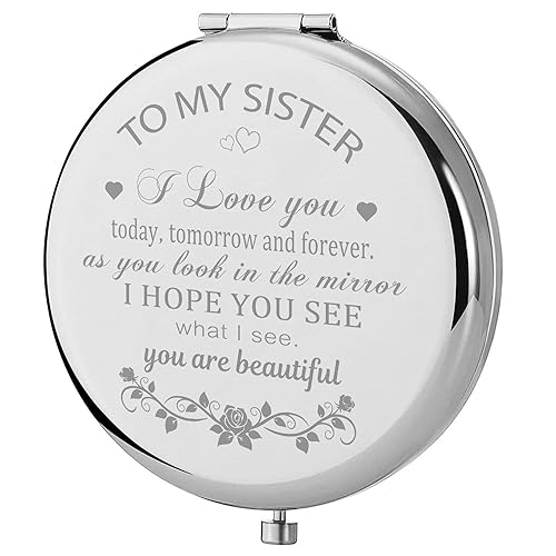 GAOLZIUY Compact Mirror Gifts from Sister, Silver Compact Mirror for Big/Litter Sister, Birthday Gifts for Sister Graduation, Valentine, Mothers Day