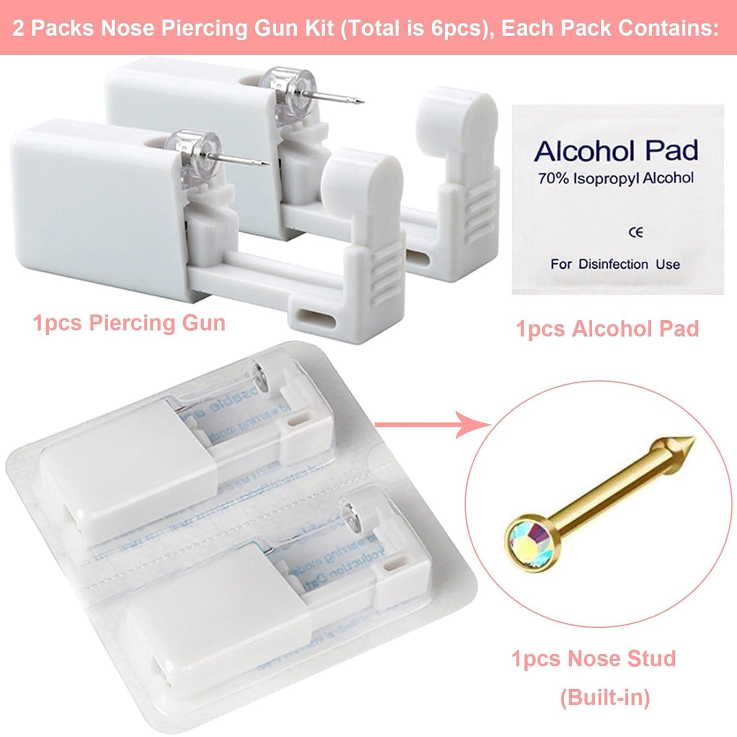 Nose Piercing Gun Kit - 6Pcs Self Nose Piercing Kit Unit Disposable Nose Piercing Gun Including 2Pcs Nose Piercing Gun with 2Pc Built-in Nose Studs Beauty and Personal Care Lyuxzad
