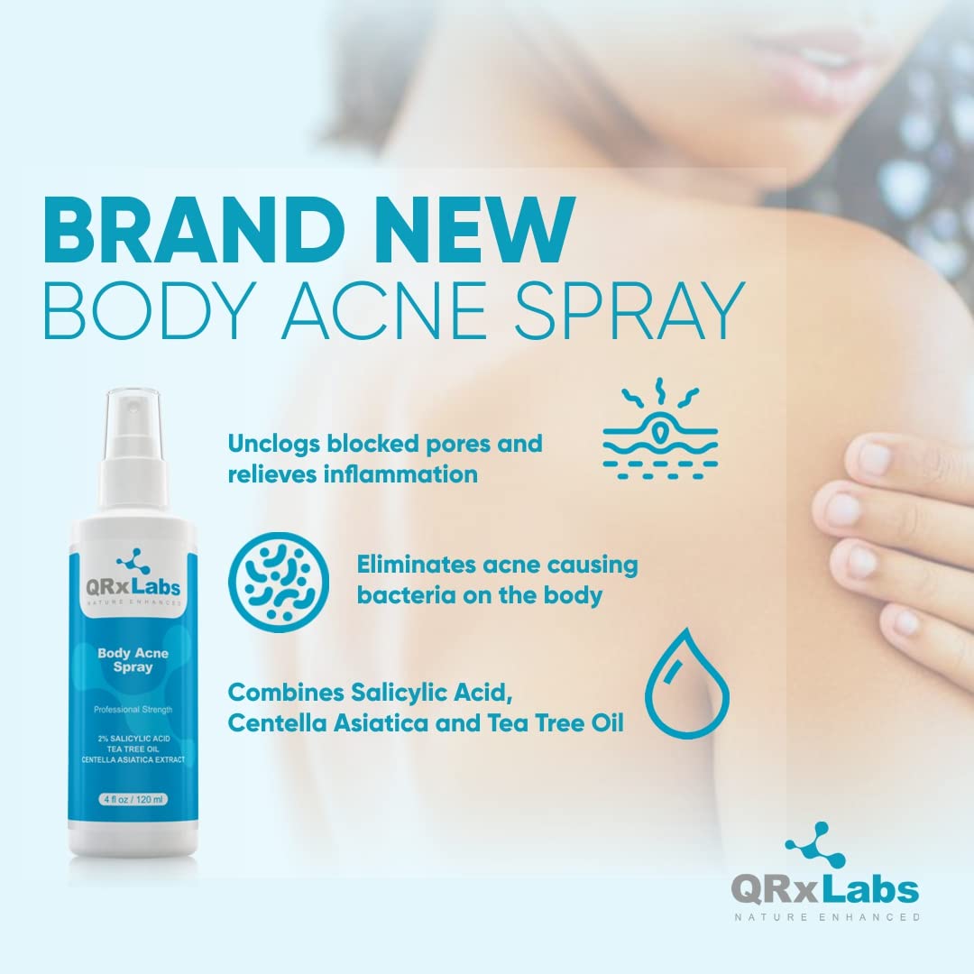 QRxLabs NEW! Body Acne Spray with 2% Salicylic Acid, Tea Tree Oil and Centella Asiatica Extract - Controls breakouts on back, arms, chest-  4 fl oz