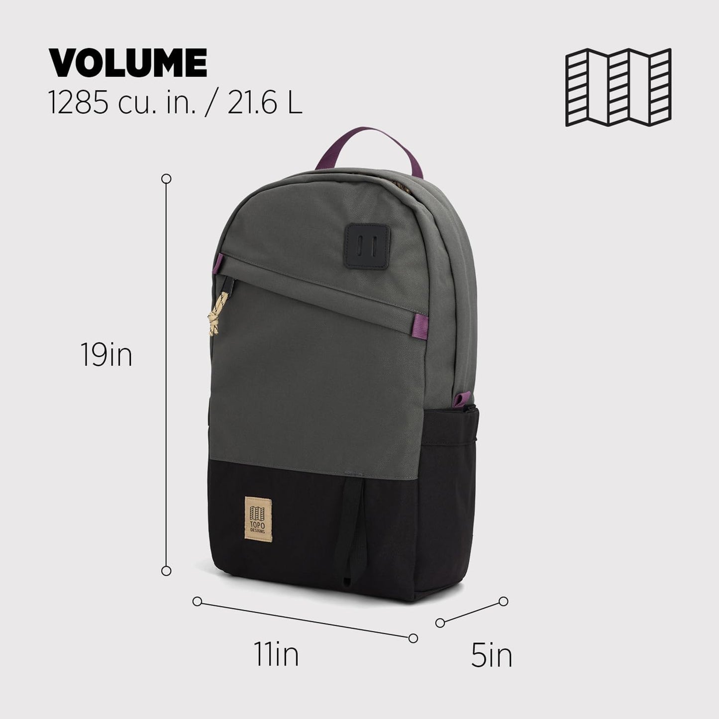 Topo Designs Daypack Classic - OG Daily Carry Pack Designed in Denver, Functional Travel Bag, Made from Recycled Nylon, 2 Padded Laptop Sleeves, 21L (Asphalt/Black)
