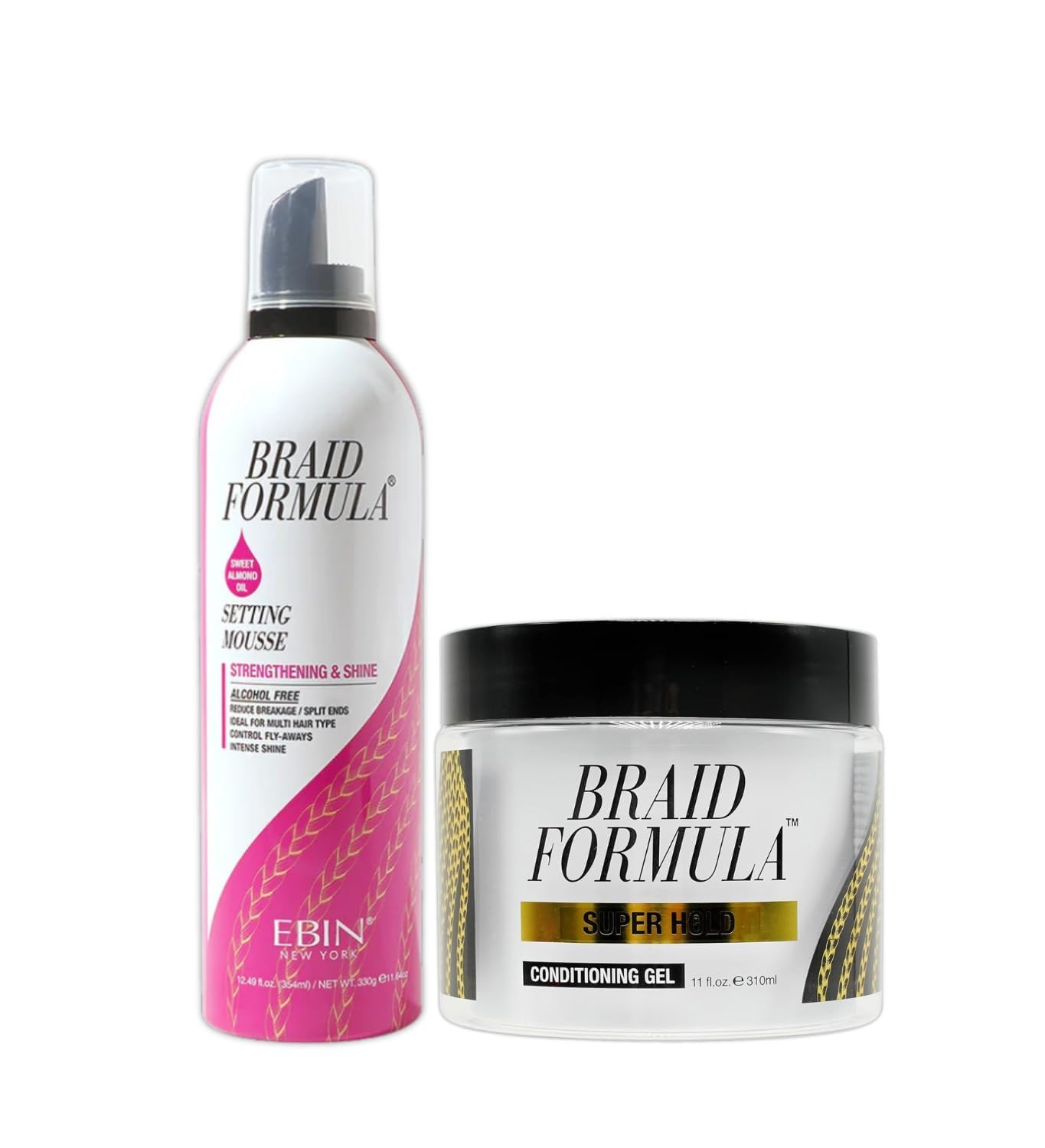 EBIN NEW YORK Braid Formula Conditioning Gel Super Hold 11oz & Setting Mousse Strengthening Shine Sweet Almond Oil 12.49oz Braid Mousse Hair Foam