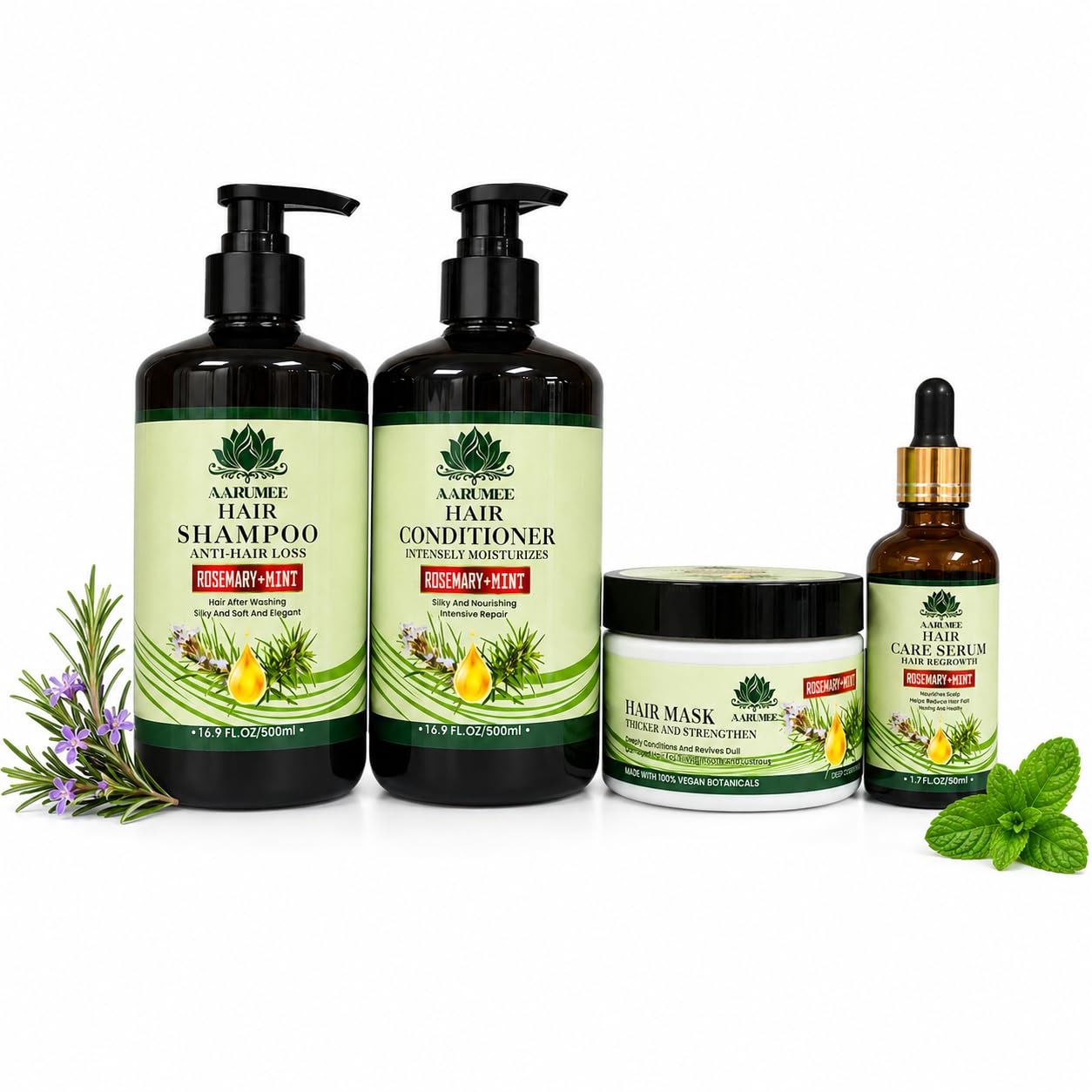 AARUMEE Rosemary & Mint Hair Care Set, Shampoo, Conditioner, Hair Mask & Serum, Anti-Hair Loss, Sulfate Free, Vegan