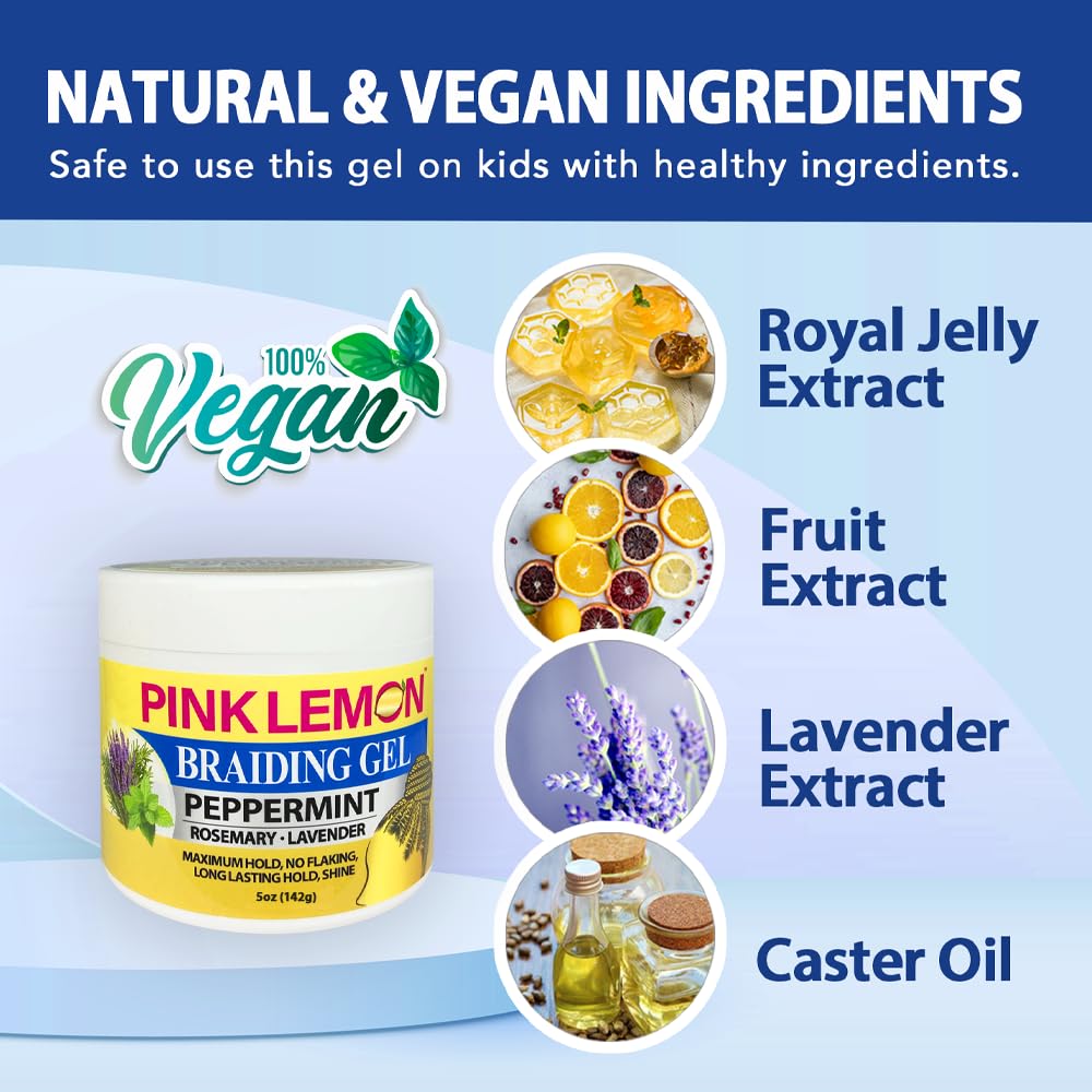 PINK LEMON Braiding Gel Peppermint - Maximum Hold, No Flaking, Long Lasting Hold, High Shine. For Micro, Inter, Dread, Faux, Loc, Twist, Braid, Edge