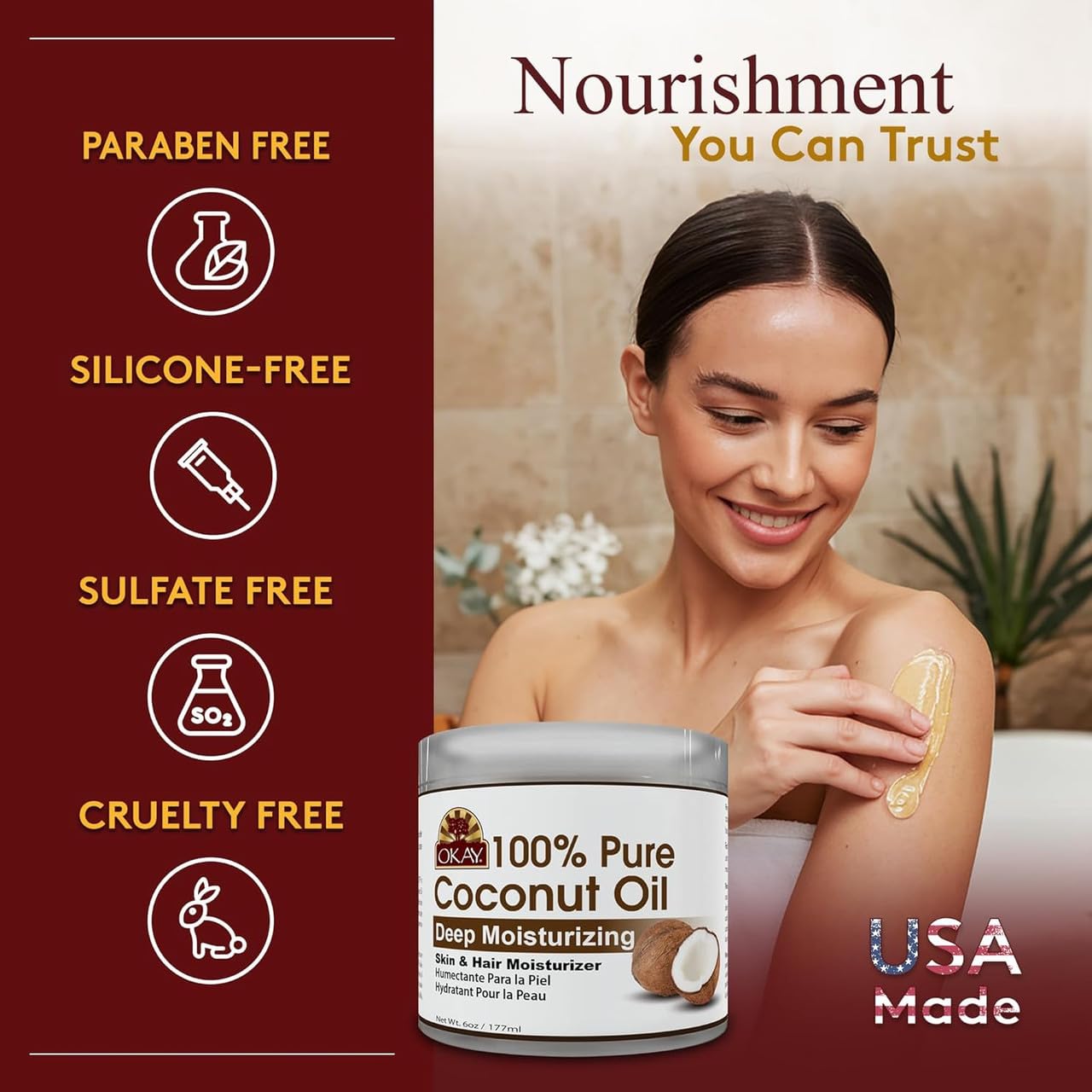 OKAY 100% Pure Coconut Oil for Hair & Skin - Coconut Oil for Women & Men, Perfect for Hair & body, Natural Massage Oil & Moisturizer - 6 fl oz Jar