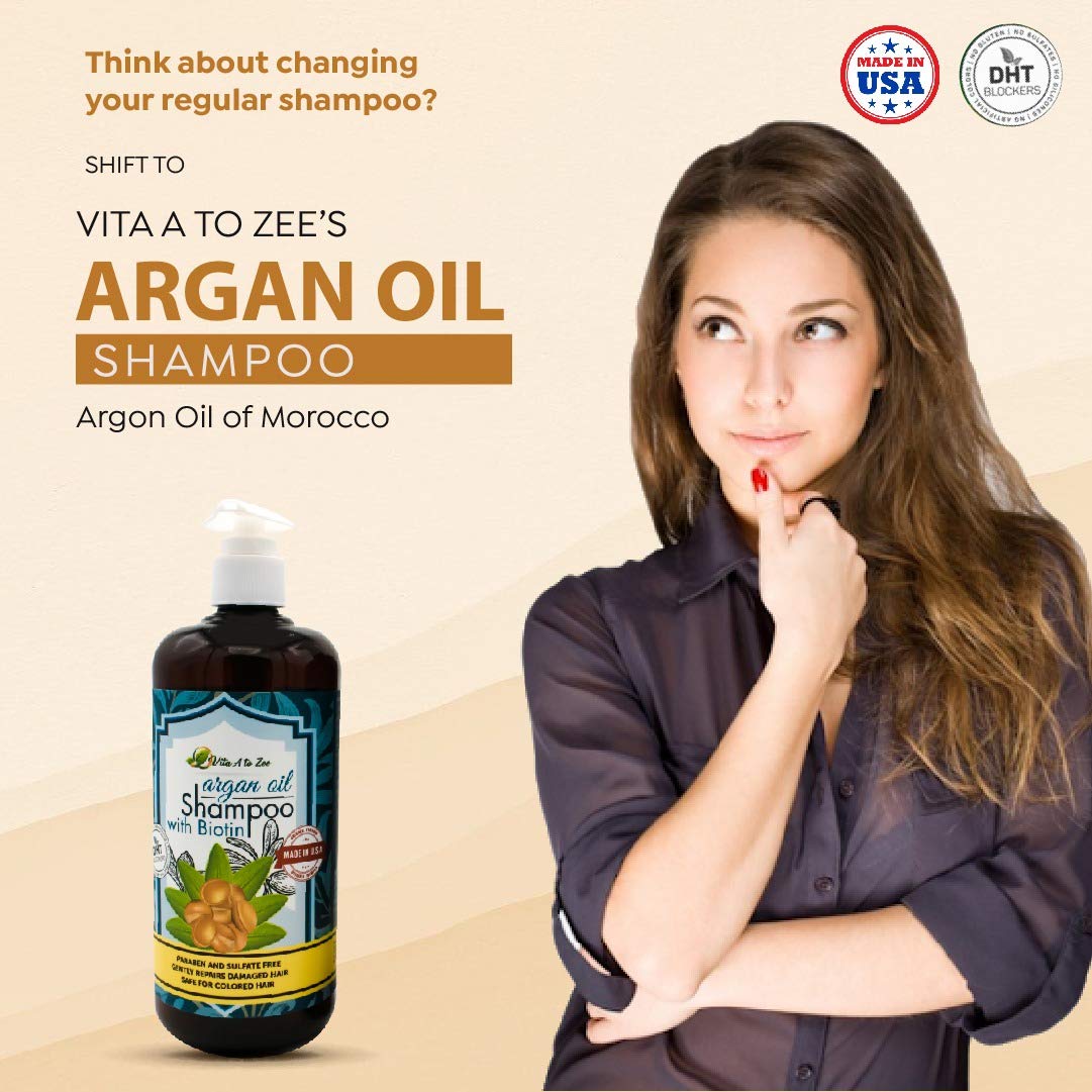 Vita A to Zee Moroccan Argan Oil & Biotin Shampoo (16.9 Fl Oz) | Professional Strength Formula | Natural Hair Repair, Moisturization Treatment