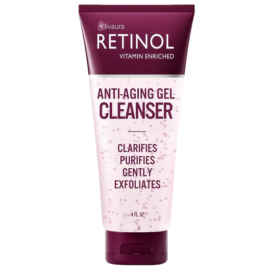 LIVAURA Retinol Anti-Aging Gel Cleanser - Gently Cleans Impurities From Pores & Exfoliates for Soft, Smooth Skin - Antioxidant-Rich Micro-Beads w