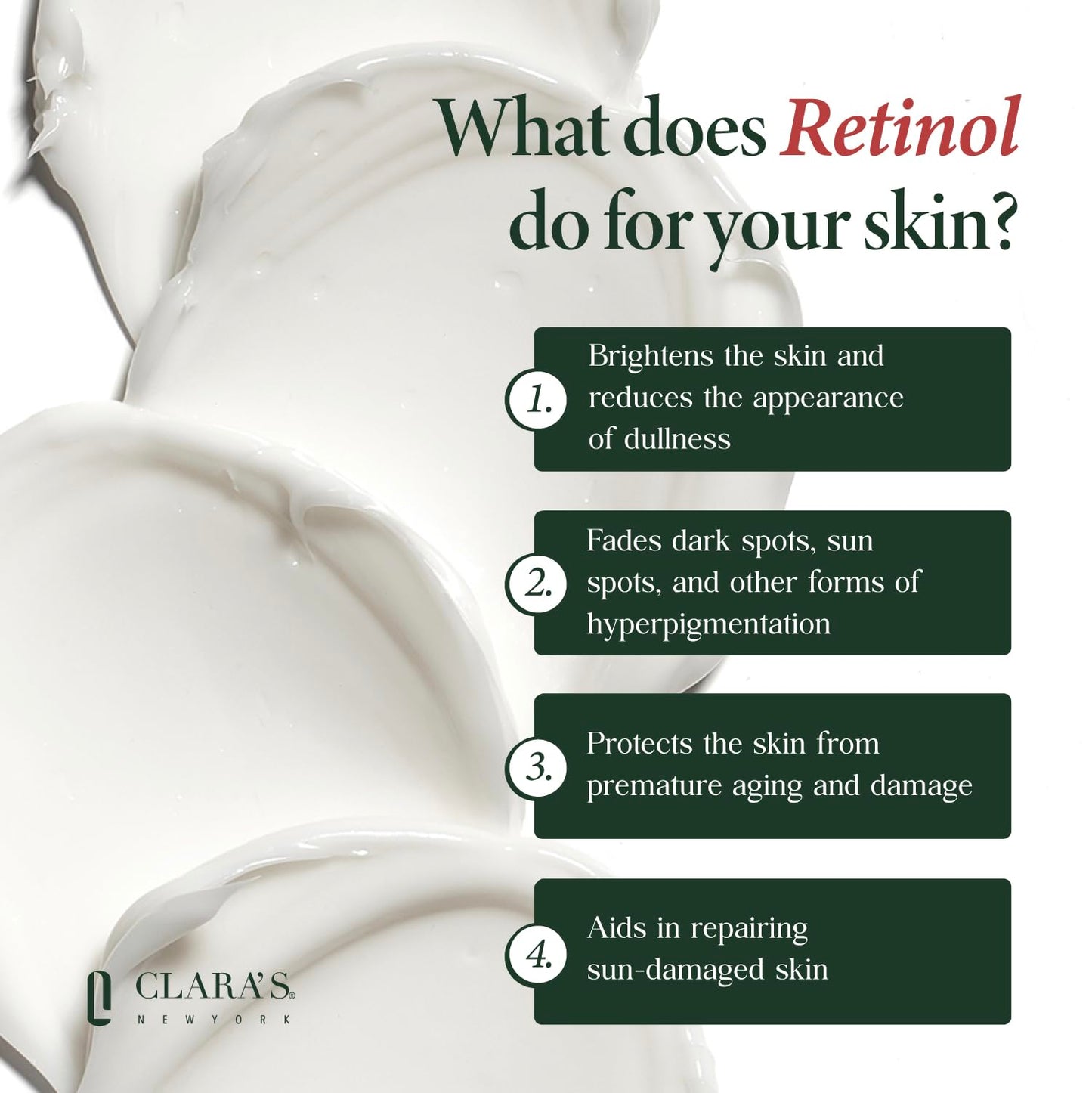 CLARA'S NEW YORK Youth Renewal Retinol (Vitamin A) Facial Cream for Anti-aging, Reducing wrinkles - Rich, Non-sticky, Fast-absorbing Formula, 50ml