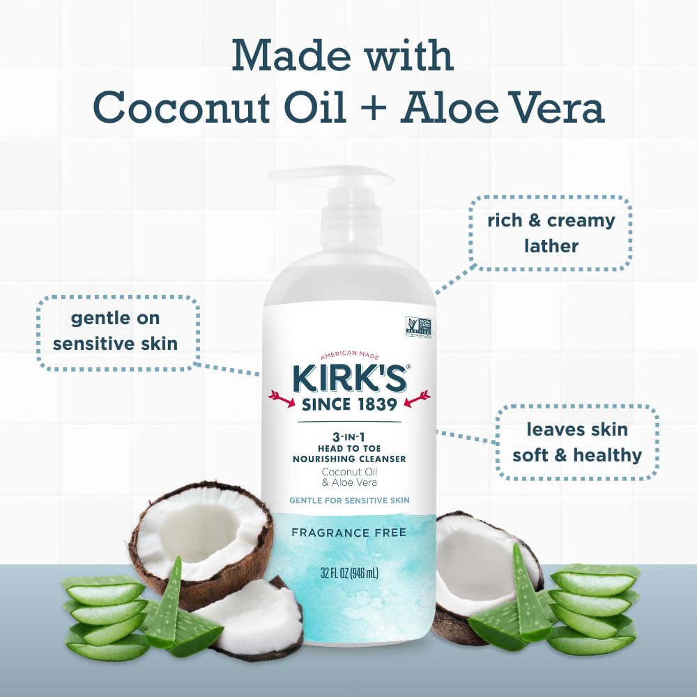 Kirk's Fragrance Free 3-in-1 Nourishing Cleanser, Shampoo Body Wash Bubble Bath, Coconut Oil and Aloe Vera, Vegan Non-GMO, 32 Fl Oz, Pack of 2