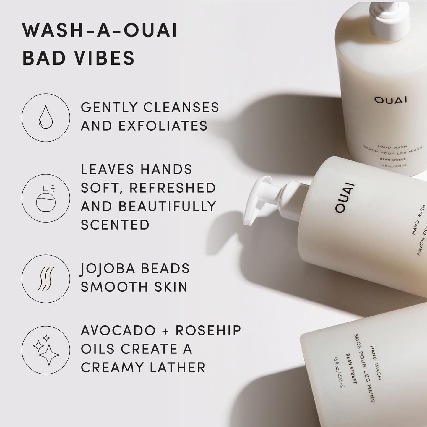 OUAI Hand Wash, Dean Street - Liquid Hand Soap with Jojoba, Avocado, & Rose Hip Oil for Replenished Skin - Gentle Exfoliating Kitchen & Bathroom Soap Beauty and Personal Care OUAI