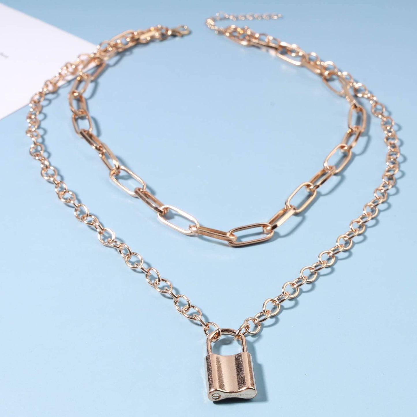 Yheakne Punk Layered Lock Choker Necklace Gold Padlock Pendant Necklace Chunky Paper Clip Chain Necklace Vintage Statement Necklace Chain Jewelry