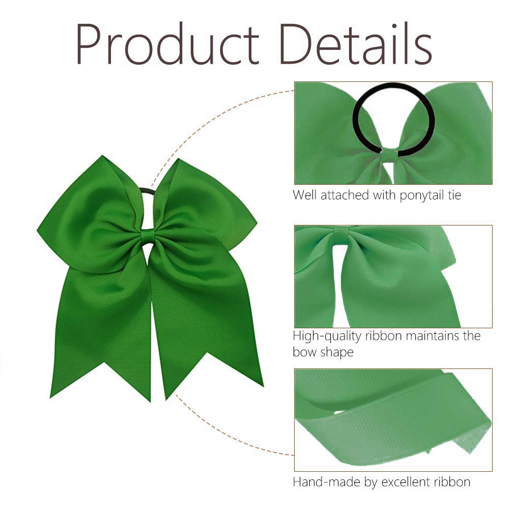 16PCS 8" Large Cheer Hair Bows Ponytail Holder Elastic Band Handmade for Cheerleading Teen Girls College Sports (Green, 1 Count (Pack of 16))