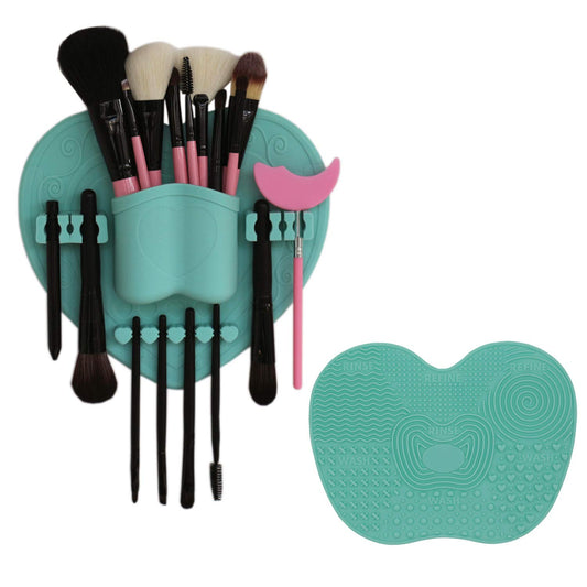LORMAY Silicone Makeup Brush Organizer + Makeup Brush Cleaning Mat - Brush Holder for Air Drying. Easy to Mount to Wall, Mirror, Dresser or Tile (Mint