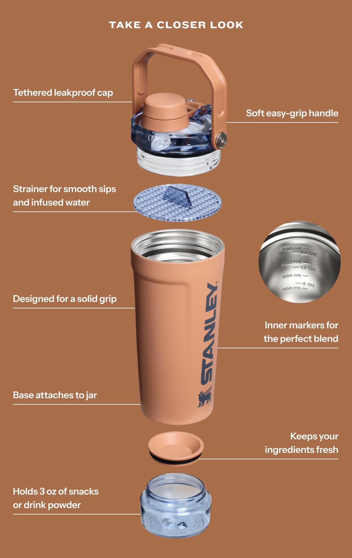 Stanley Activate Shaker Bottle 20 oz | Leakproof Insulated Stainless Steel Shaker Cup | Base Storage and Twist On Fast Flow Lid | Protein Shakes…