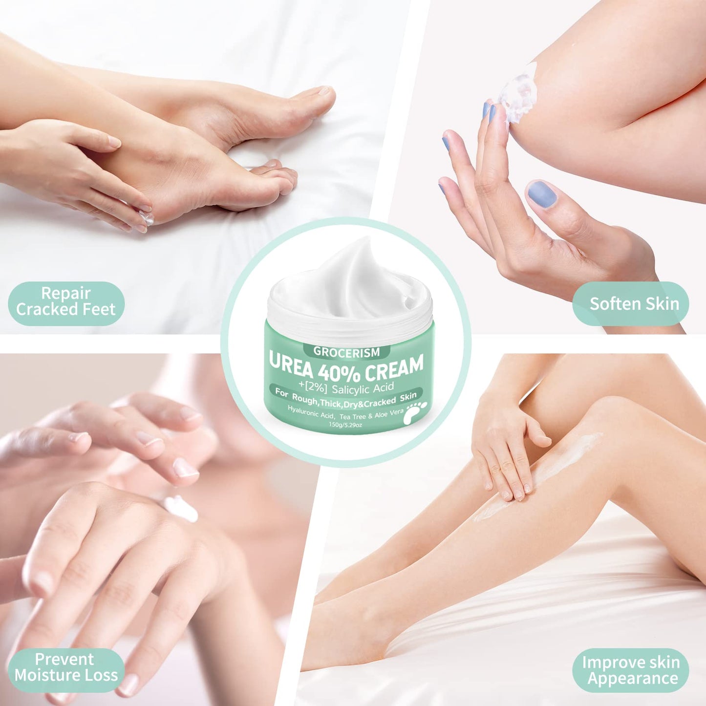 Grocerism Urea Cream 40 Percent For Feet Plus 2% Salicylic Acid 5.29 oz || Foot Cream and Hand Cream Maximum Strength with Hyaluronic Acid,Tea