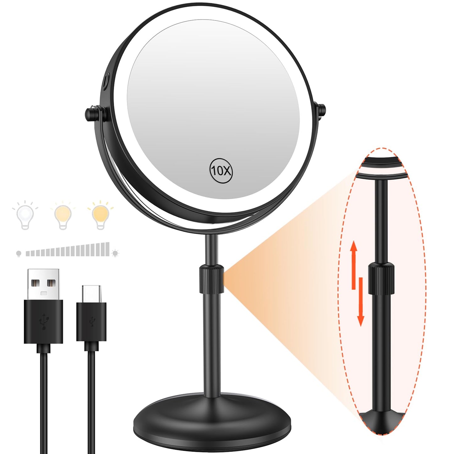 Benbilry Lighted Makeup Mirror with 10X Magnification & 3 Color Lights, Adjustable Brightness & Height, 7 Inch 360° Swivel Rechargeable LED Magnifying
