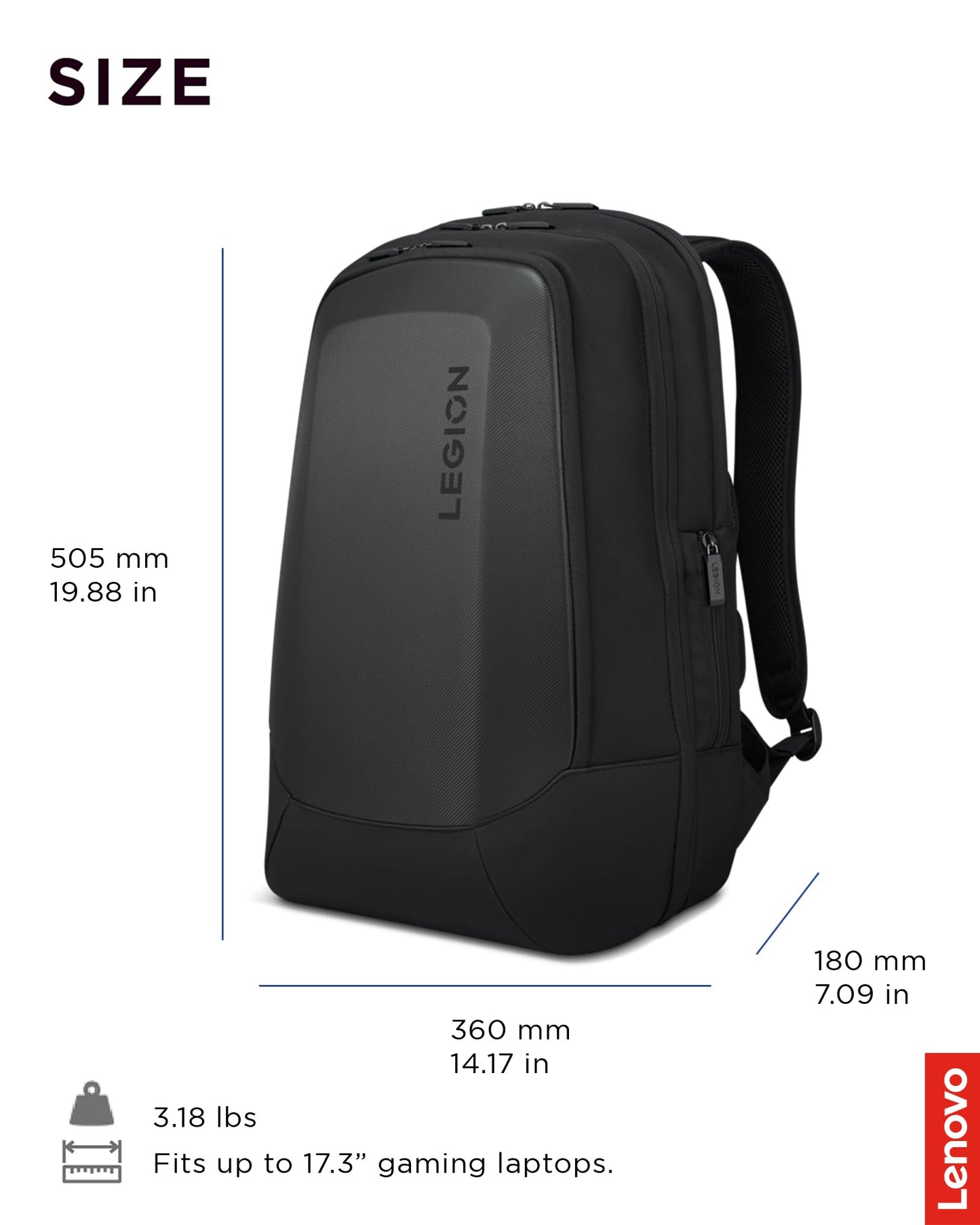 Lenovo - Legion 17” Armored Backpack - Gaming Laptop Bag - Double Layered Protection - Dedicated Storage Pockets - Durable Pack with EVA Front Shield