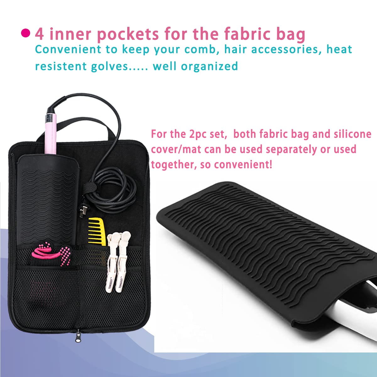 2 Pieces Hair Flat Iron Case Holder Canvas Bag Heat Resistant Curling Iron Silicone Straightener Holder Mat for Hair Tools Curling Iron Organizer Bag