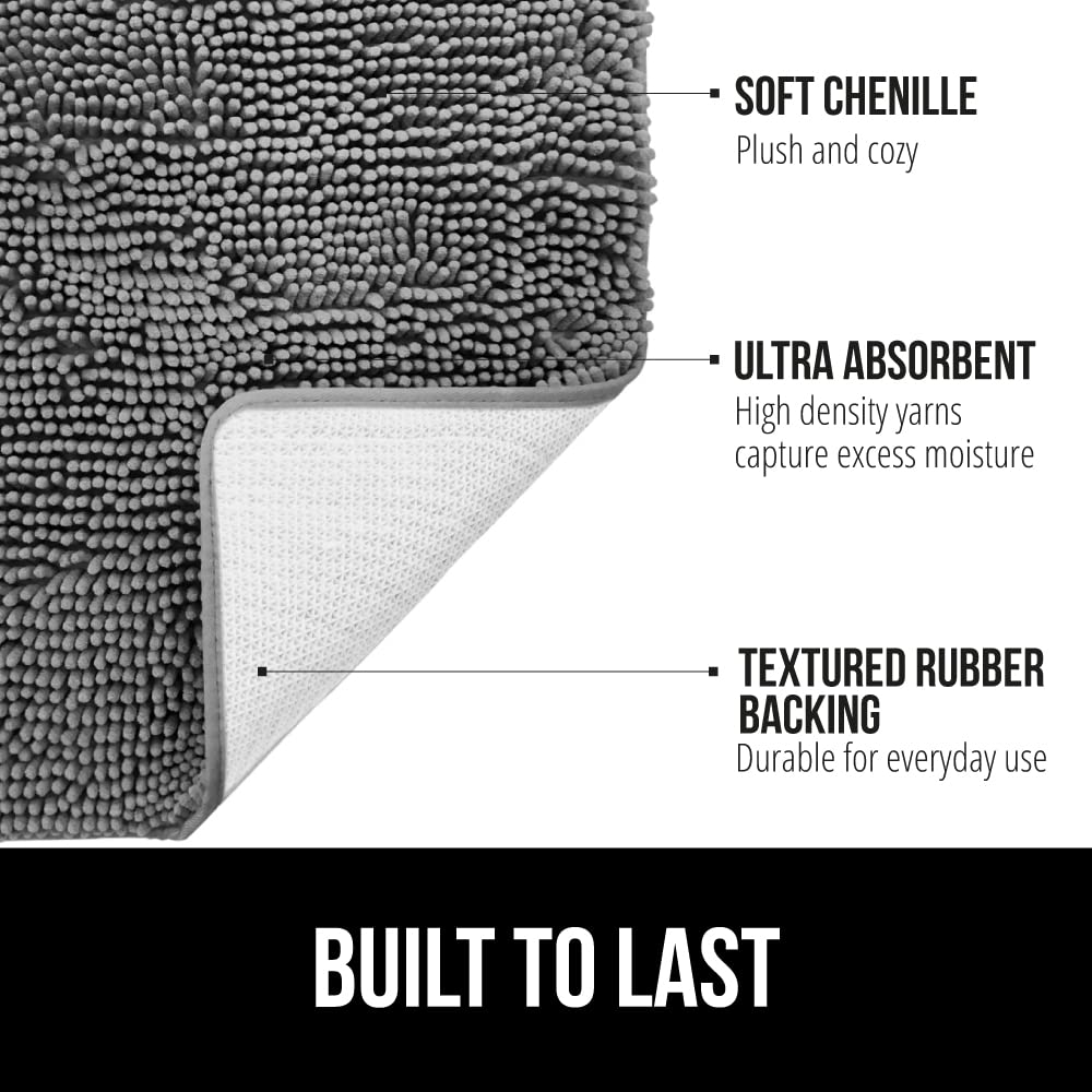 GORILLA GRIP Chenille Bath Rug Mat 24x17 – Soft, Absorbent, Quick-Dry, Rubber Back, Washable Bathroom Mat – Grey