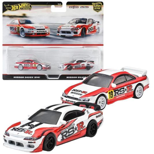 Hot Wheels HRR84 Premium 2-Pack Nissan 240SX (S14) & Nissan Silvia (S15), Mini Car, Toy, for Ages 3 and Up, White/Red