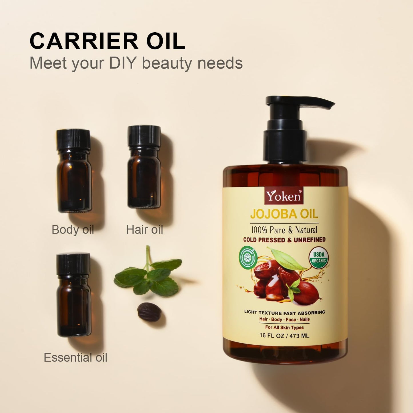 Yoken Organic Jojoba Oil 16oz, USDA Certified Cold Pressed for Skin Care Beauty and Personal Care Yoken