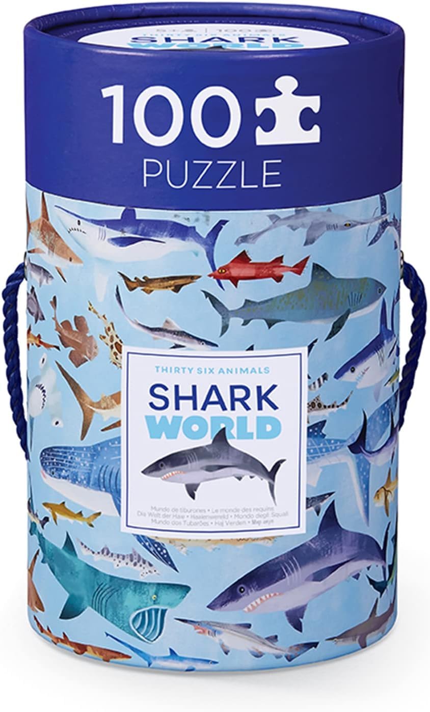 Crocodile Creek 100-Piece Shark Jigsaw Puzzle – Fun & Educational Floor or Table Puzzle for Kids Ages 5+, Includes Storage Canister with Handle, 14"x19"