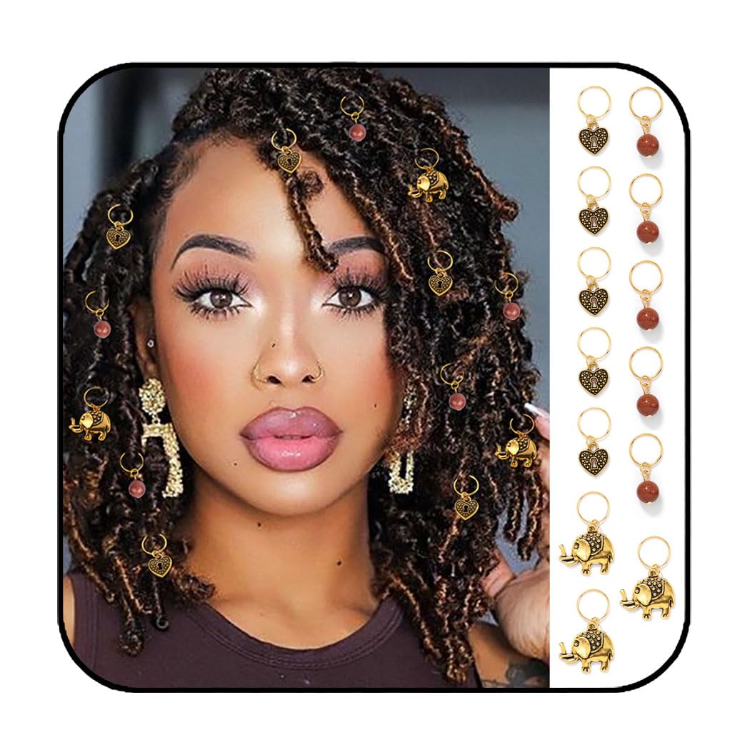 Formery Beads Dreadlock Clip Accessories Gold Elephant Box Braid Rings Heart African Hair Charms Jewelry for Black Women (13PCS)