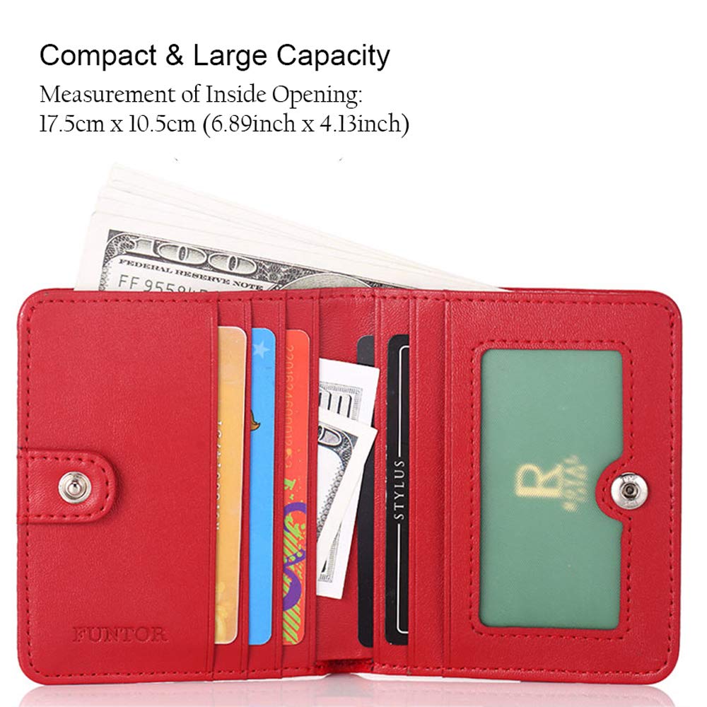 FUNTOR Small Wallets for Women, Ladies Small Compact Bifold Pocket RFID Blocking Genuine Leather Wallet for Women, Red