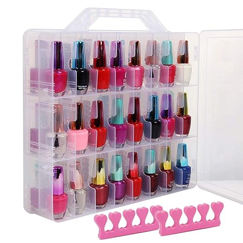 SUBAY Portable Nail Polish Organizer, Clear Double Side Nail Polish Holder,Gel Nail Storage for 48 Bottles with 6 Adjustable Dividers in Each Side