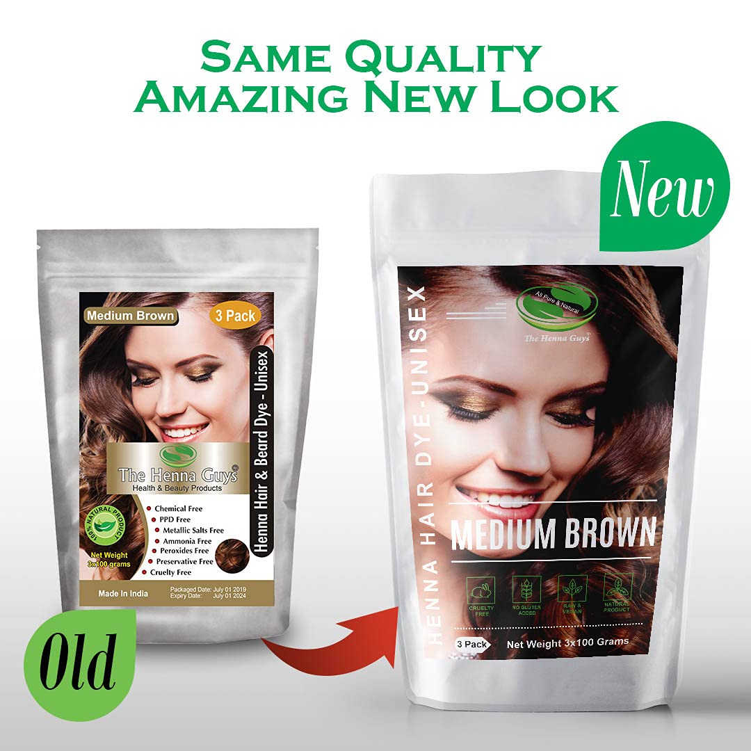3 Packs Of Medium Brown Henna Hair & Beard Color/Dye 100 Grams - Natural Hair Color, Plant-based Hair Dye - The Henna Guys