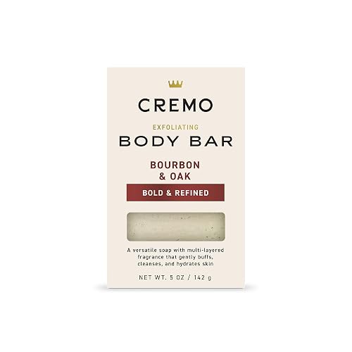 Cremo Exfoliating Body Bar for Men, Bourbon & Oak Scent, Multi-Layered Fragrance That Buffs, Cleanses and Hydrates Skin, 5oz