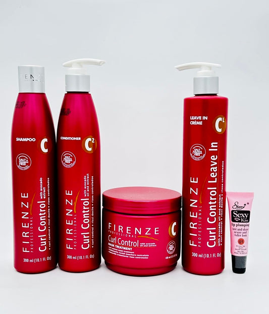 Firenze Professional Curl Control Shampoo 10.1 oz, Conditioner 10.1 oz, Leave-in Cream 10.1 & Mask Treatment13.5 oz- m- Free Starry Lip Plumping Gloss Beauty & Personal Care Firenze Professional
