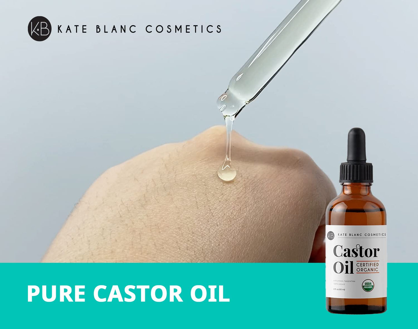 Kate Blanc Cosmetics Castor Oil Organic for Hair, Lashes, Face (2oz), 100% Pure, Cold Pressed, Hexane Free. Eyelash Serum for Thicker-Looking Eyelashes & Eyebrows