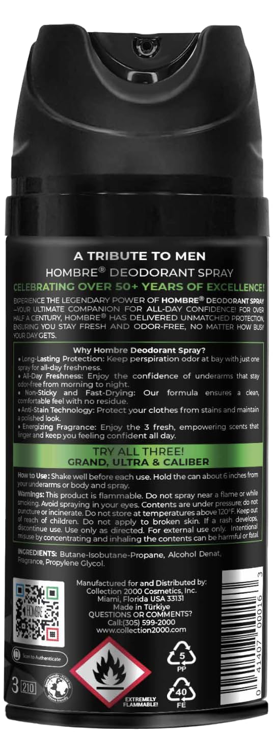 HOMBRE Caliber Spray Deodorant for Men - Aromatic Green Marine Scent - High-Performance Aluminum-Free Deodorant Spray 150 ml (Pack of 3) Beauty and Personal Care HOMBRE