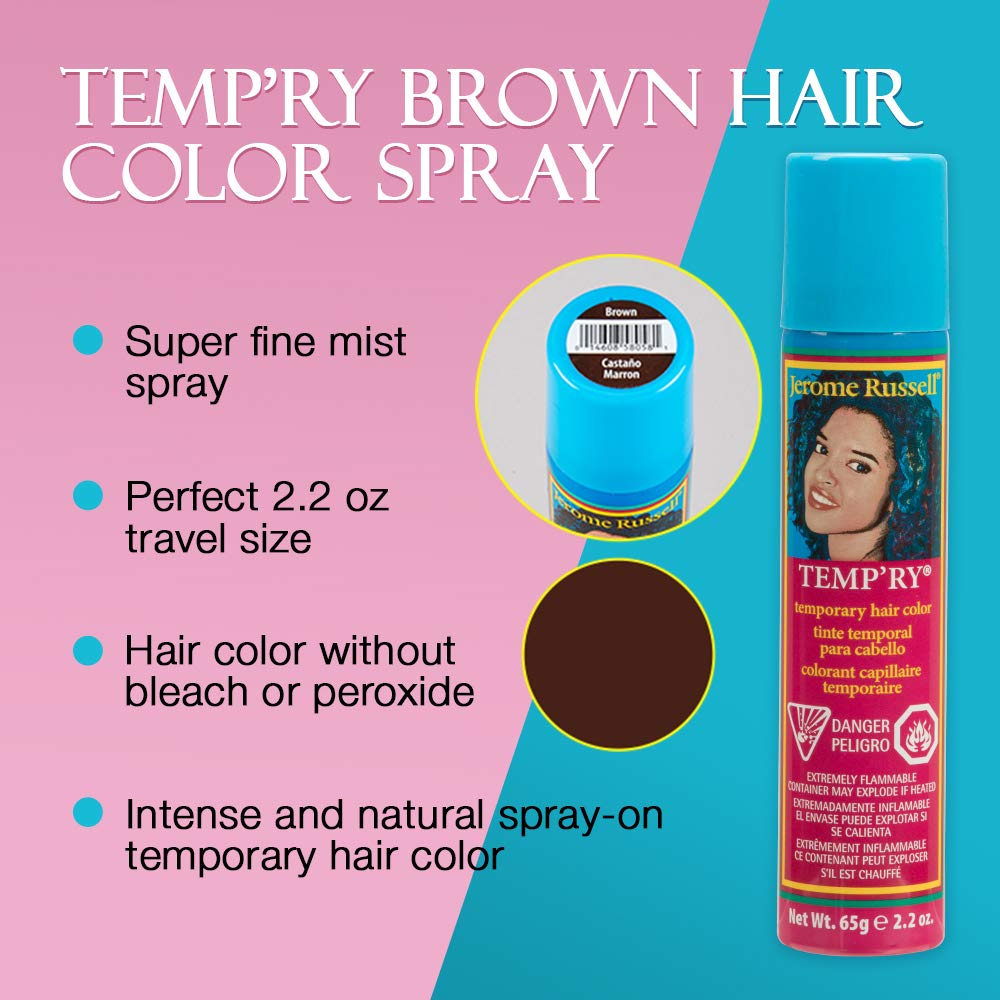 Jerome Russell Fast-Drying, Non-Sticky Hair Color Spray - Intense Brown Temporary Hair Dye for Travel, Vivid Color, 2.2 oz