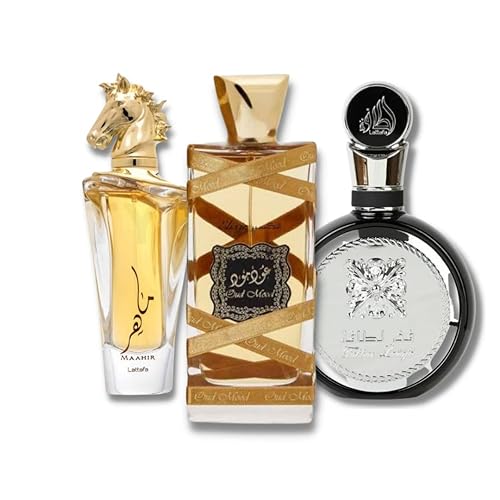 Lattafa for Unisex 3 Piece Eau de Parfum Gift Set (Maahir + Fakhar for Men + Oud Mood Elixir) 3.4 Ounce/100 ml each