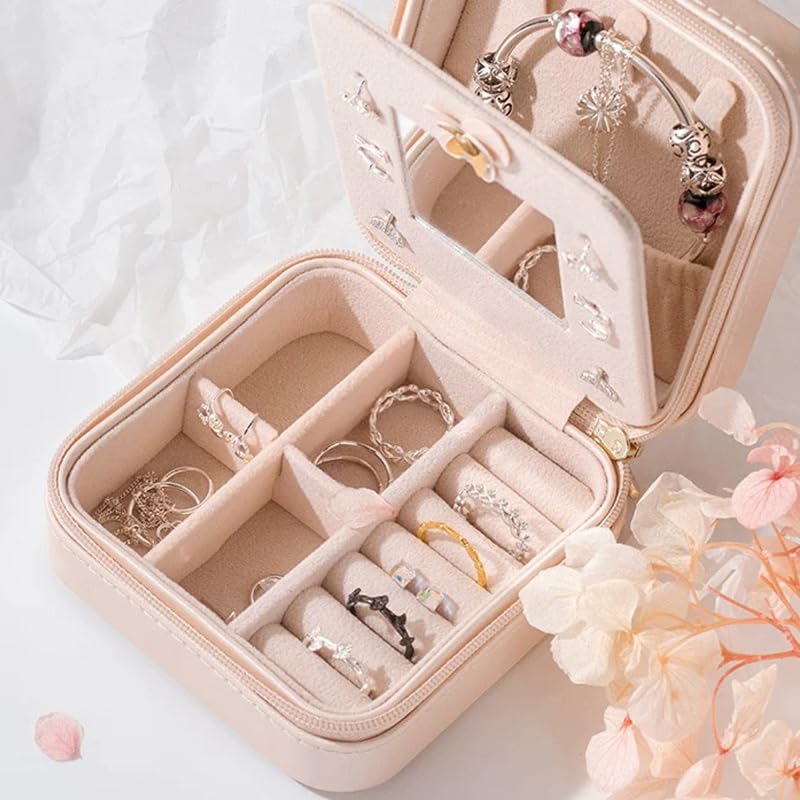 Jewelry Case Jewelry Organizer, Ring Necklace Earring Jewelry Organizer Box with Mirror,Vacation Essential Women's Travel Accessories, Birthday Gifts…