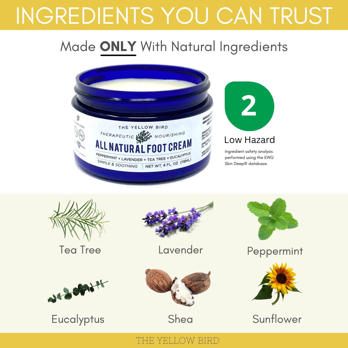 Yellow Bird Natural Tea Tree Foot Cream & Organic Foot Balm for Dry, Cracked Feet & Heels - Peppermint Moisturizer for Athlete’s Foot Relief