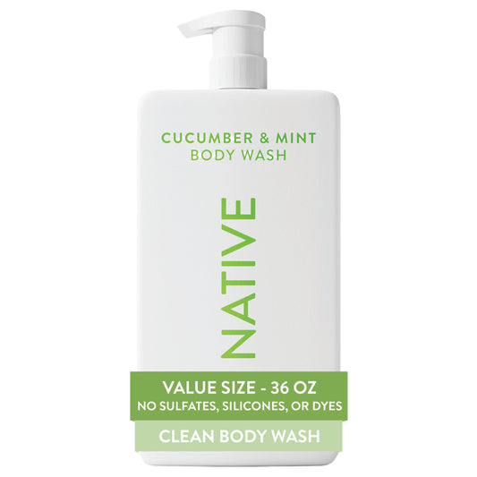 Native Body Wash for Women & Men, Cucumber & Mint, 36 oz Pump Bottle, Sulfate-Free & Gentle