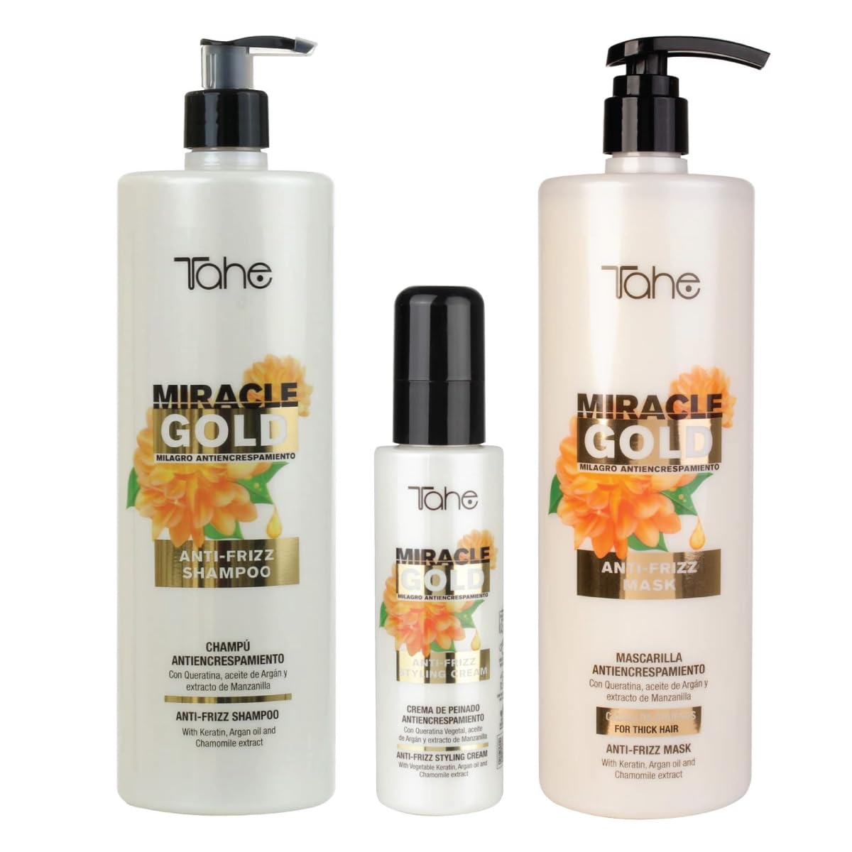 Tahe Miracle Gold Kit For Frizz Control - Shampoo 1000ml + Mask 1000ml + Styling Cream 100ml