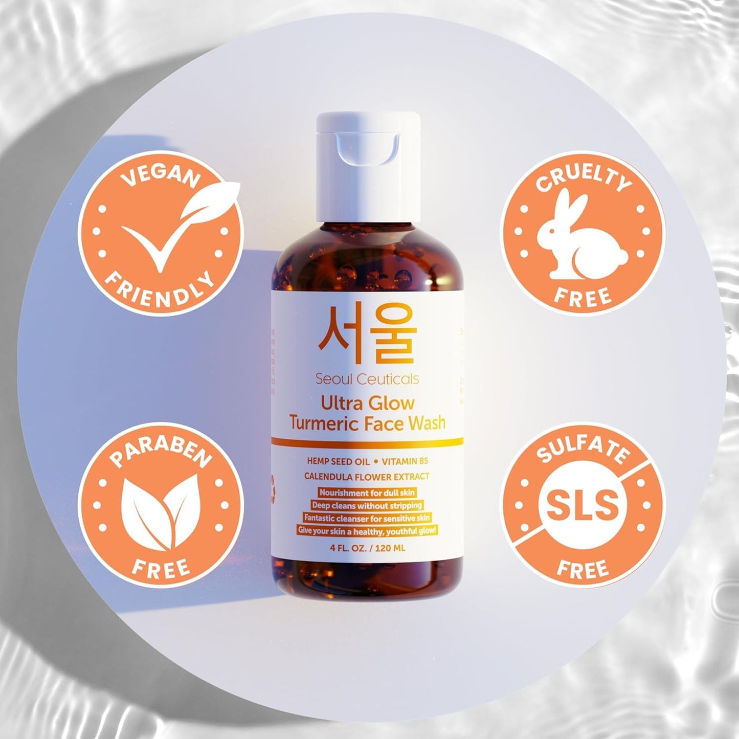 SeoulCeuticals Korean Turmeric Face Wash Cleanser - Vegan Cruelty Free Korean Skincare Facial Cleanser - K Beauty Skin Care for Dry Sensitive Skin 4oz