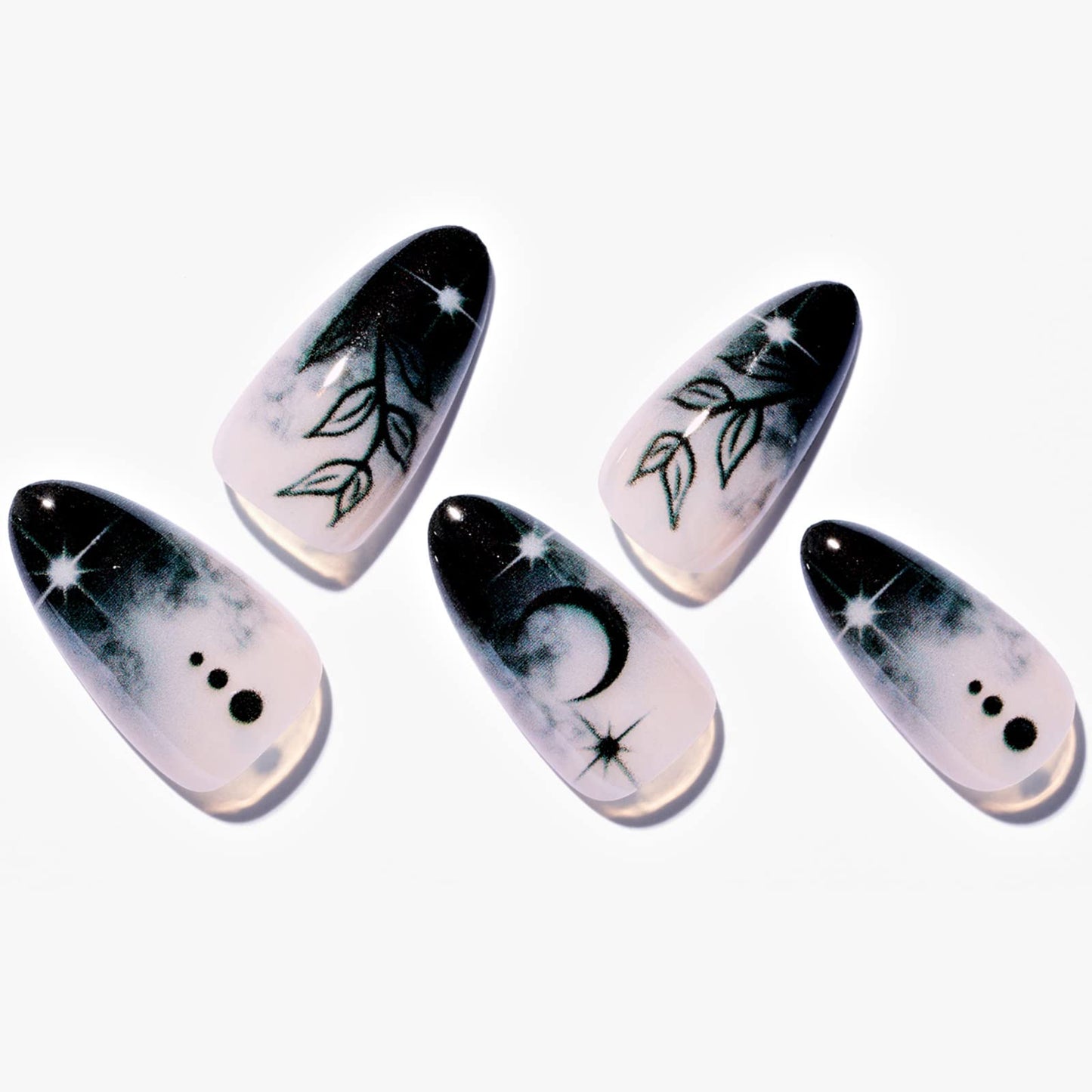GLAMERMAID Press on Nails Medium Almond, Gothic Black Ombre French Tip Gel Glue on Nail, Glossy Short Stiletto Reusable UV Finish Fake Nails Acrylic