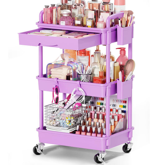 Goovilla Rolling Makeup Organizer Cart with Removable Drawer, 3 Tier Stable Purple Floor Skincare Storage Cart for Vanity, Cosmetic Display, Nail Beauty and Personal Care Goovilla Default Title