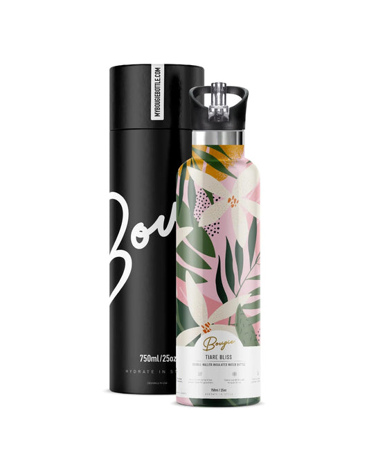 Bougie Tiare Bliss Insulated Water Bottle, Gift Tube, 25-Ounces, Stainless Steel, Multicolor, Kitchen Décor