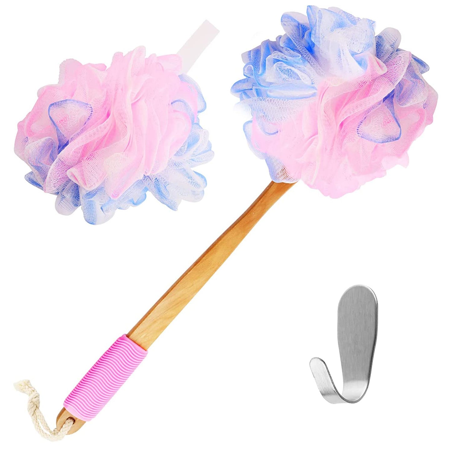 Yoove Loofah Back Scrubber w/Bamboo Charcoal Fiber Infused Bath Sponge, Wooden Handle, Luffa Pouf, Sponge Stick & Hanging Hook for Men & Women, Pink