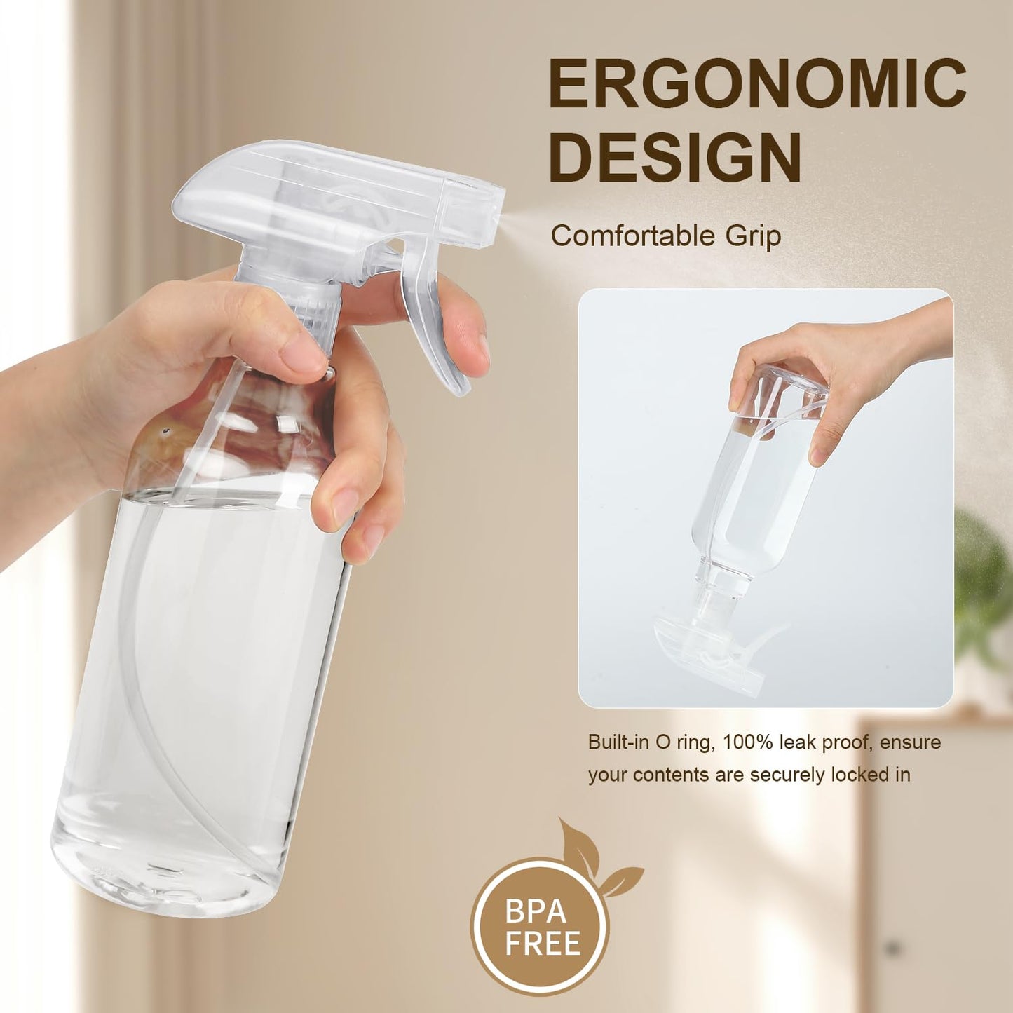 Plastic Spray Bottles, 2-Pack, 16.9 Oz, Mist & Stream, Heavy Duty Spraying, Empty Water Spray Bottle for Cleaning Solutions, Essential Oils, Hair Beauty and Personal Care Bealee