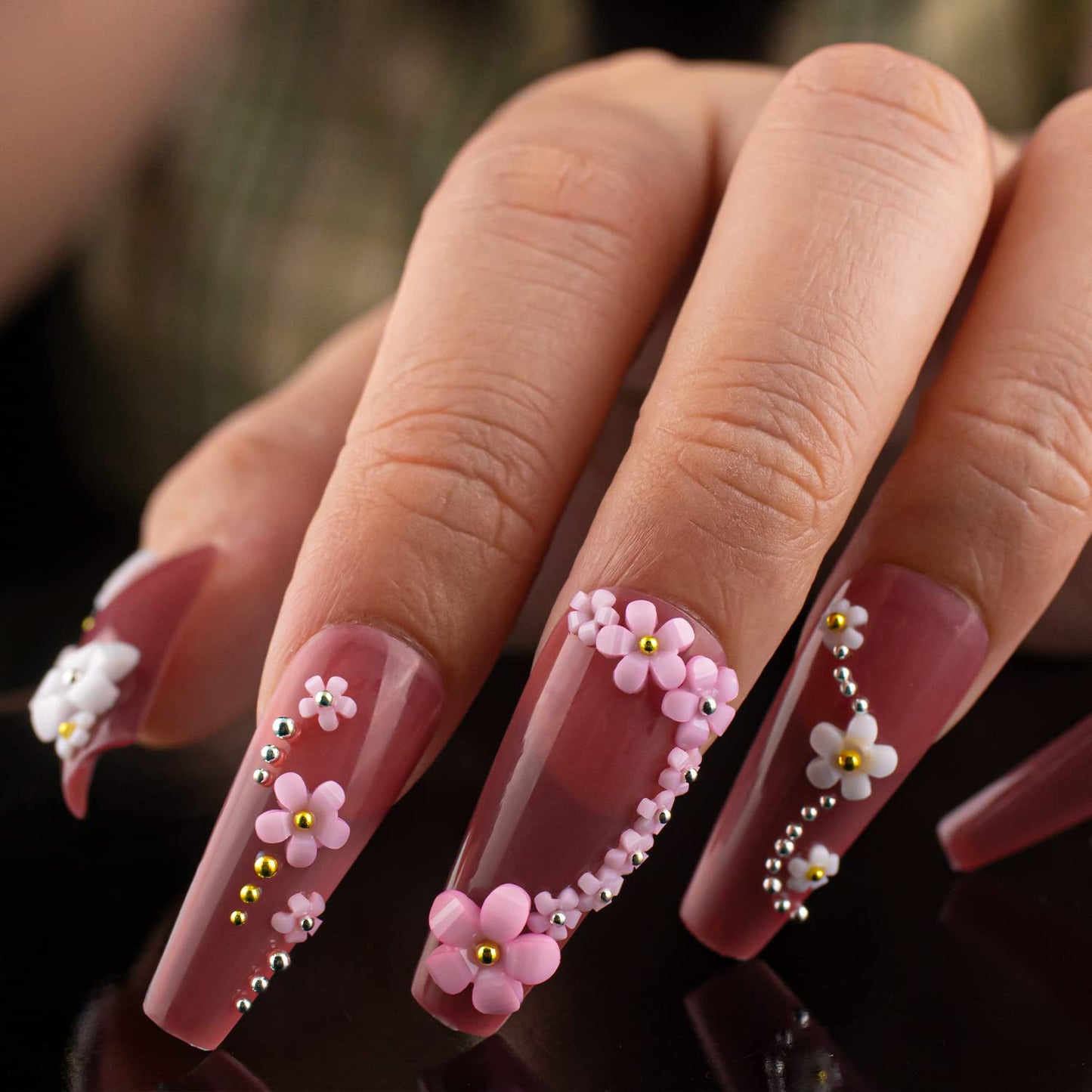 3D Flowers for Nails Art Colorful Charms Kit #2 with Caviar Beads, Blossom Rhinestones Crystal Pearls Acrylic Studs DIY Design Manicure Accessories