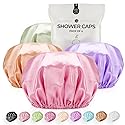 Shower Cap for Women Reusable Extra Large Shower Caps for Men Satin Double Layer EVA Waterproof Long Hair Caps(Light Purple, Brown, Pink, Green 4