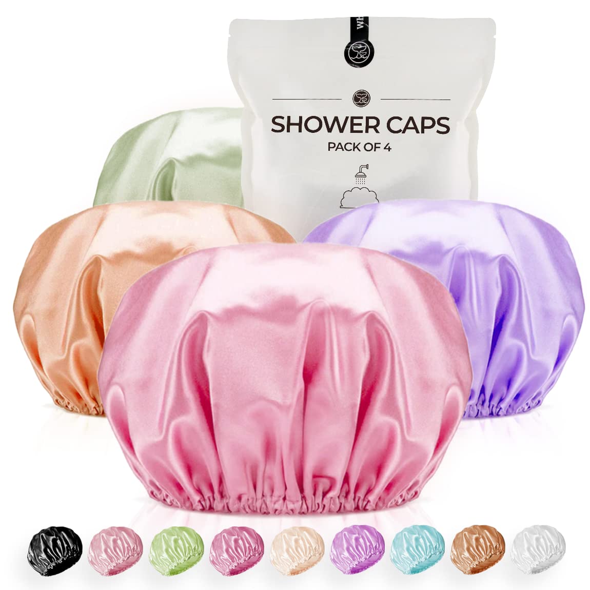 Shower Cap for Women Reusable Extra Large Shower Caps for Men Satin Double Layer EVA Waterproof Long Hair Caps(Light Purple, Brown, Pink, Green 4