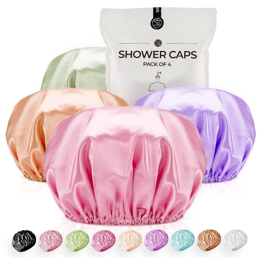 Shower Cap for Women Reusable Extra Large Shower Caps for Men Satin Double Layer EVA Waterproof Long Hair Caps(Light Purple, Brown, Pink, Green 4